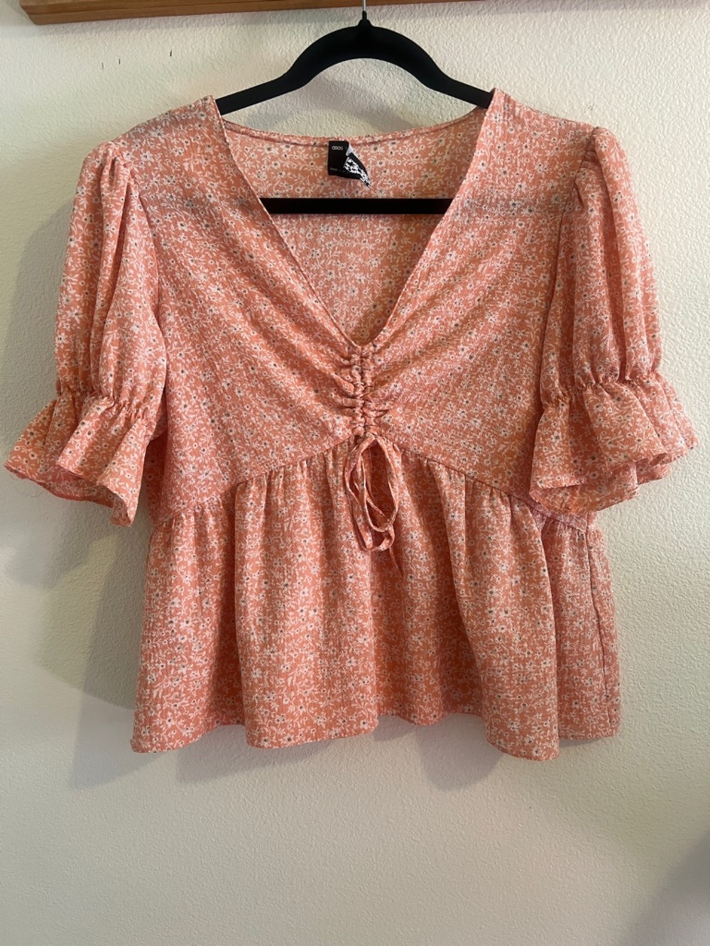 ASOS Coral Pink Floral Drawstring Peplum Blouse